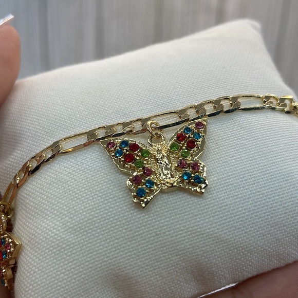 14K Gold Plated Virgin of Guadalupe butterfly bracelet with colored rhinestones - Picture 6 of 11